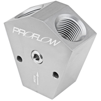 Proflow Fuel Block, Y-Type, Billet Aluminium, Red Anodised, 3/8 in. NPT Female Inlet, 3/8 in. NPT Female Outlets, 1/8in. NPT Gauge Port