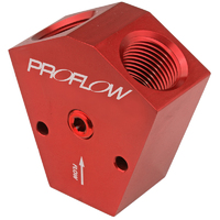 Proflow Fuel Block, Y-Type, Billet Aluminium, Red Anodised, 1/2in. in. NPT Female Inlet, 3/8 in. NPT Female Outlets, 1/8in. NPT Gauge Port